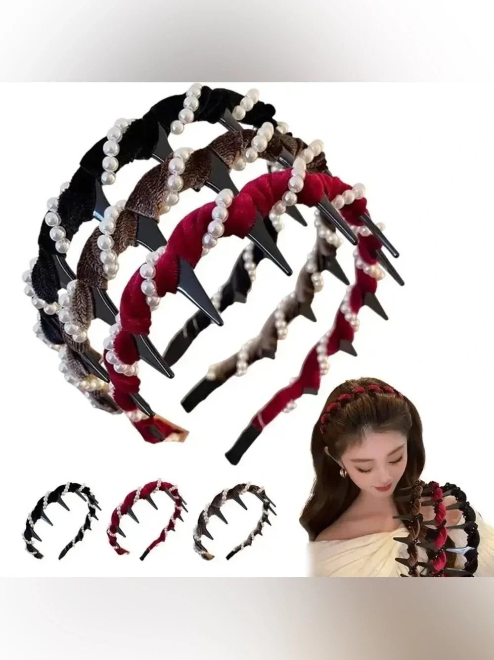 Vintage High Cranium Artificial Pearl & Rhinestone Hairband - 3 Piece